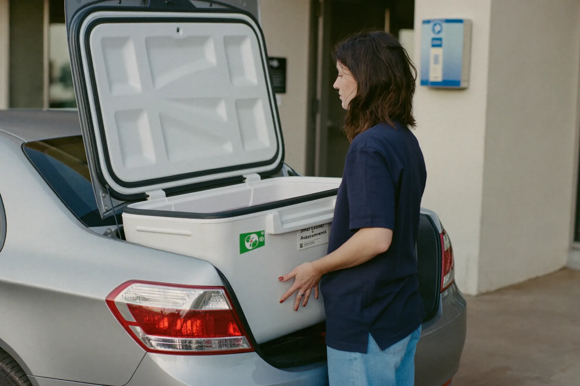 Medical courier loading a specimen cooler into a car outside a clinic